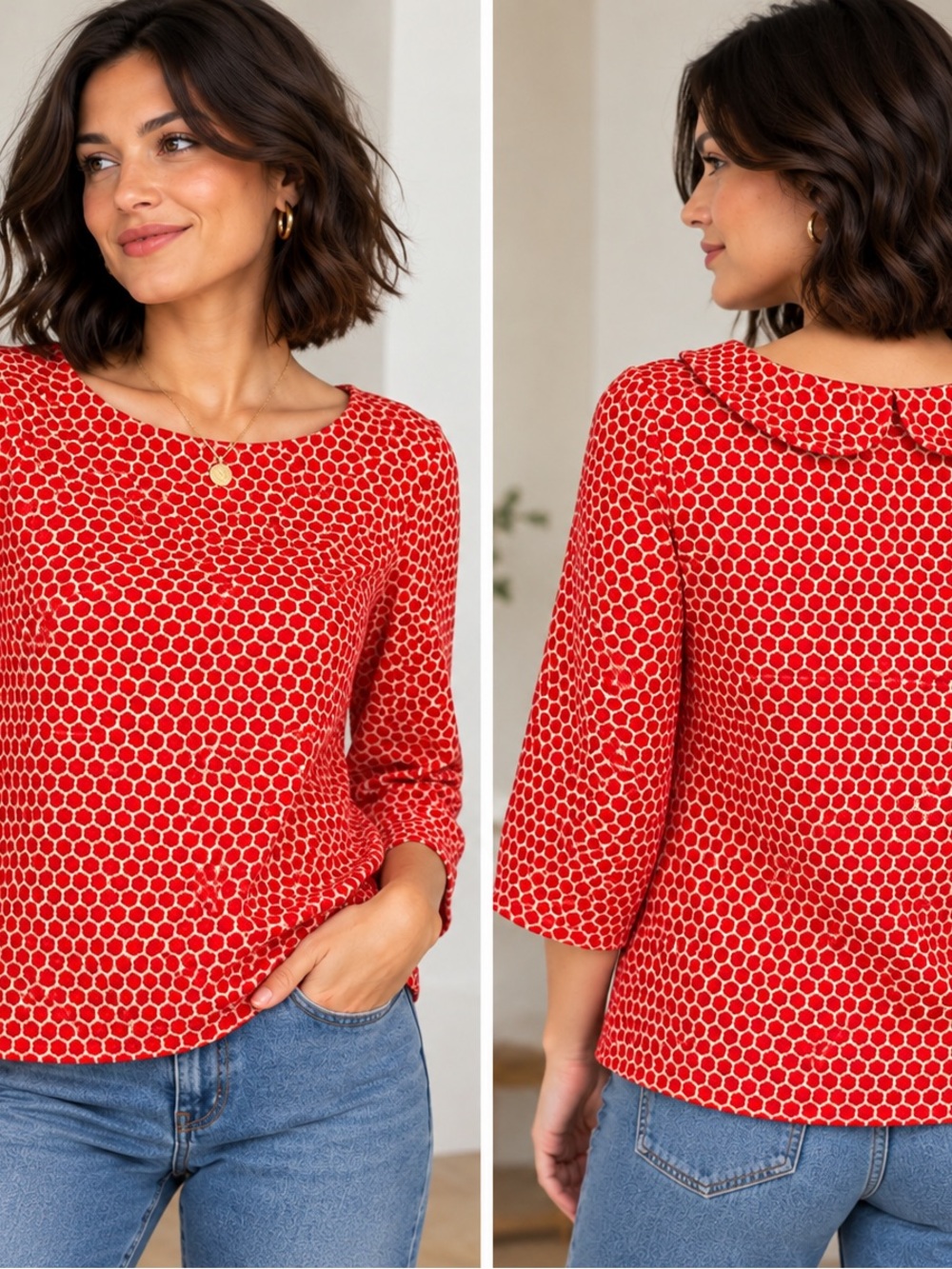 Boden Red Cream Geometric Top Back Peter Pan Collar Size US 6